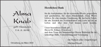 Traueranzeige von Alma Knab von  Kreisanzeiger