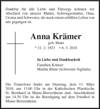 Traueranzeige von Anna Krämer von Trauerportal Rhein Main Presse