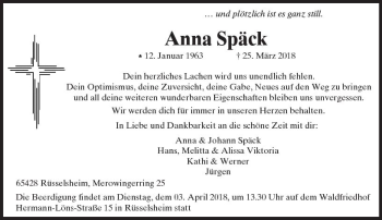 Traueranzeige von Anna Späck von Trauerportal Rhein Main Presse