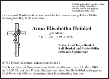Traueranzeige von Anna Elisabetha Heinkel von Trauerportal Rhein Main Presse