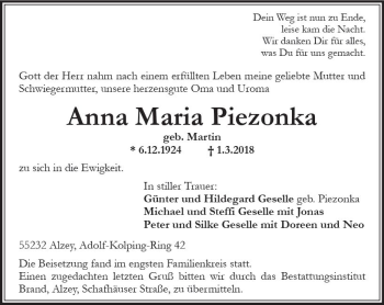 Traueranzeige von Anna Maria Piezonka von Trauerportal Rhein Main Presse