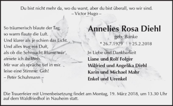 Traueranzeige von Annelies Rosa Diehl von Trauerportal Rhein Main Presse