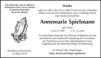 Traueranzeige von Annemarie Spielmann von  Kreisanzeiger