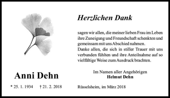 Traueranzeige von Anni Dehn von Trauerportal Rhein Main Presse