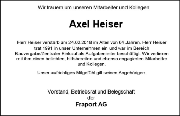 Traueranzeige von Axel Heiser von Trauerportal Rhein Main Presse