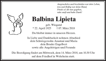 Traueranzeige von Balbina Lipieta von  Usinger Anzeiger
