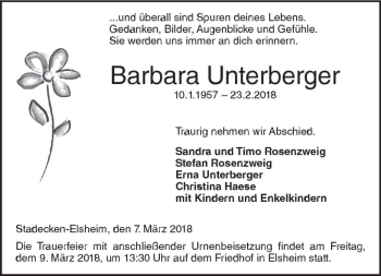 Traueranzeige von Barbara Unterberger von Trauerportal Rhein Main Presse