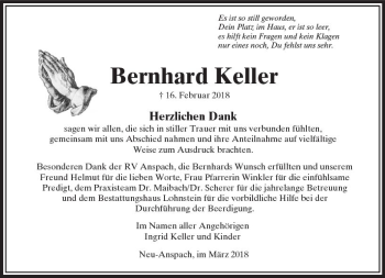 Traueranzeige von Bernhard Keller von  Usinger Anzeiger