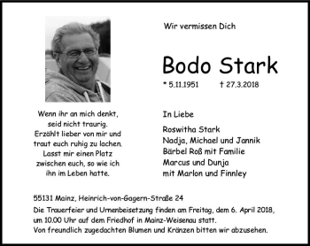 Traueranzeige von Bodo Stark von Trauerportal Rhein Main Presse