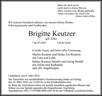 Traueranzeige von Brigitte Keutzer von VRM Trauer