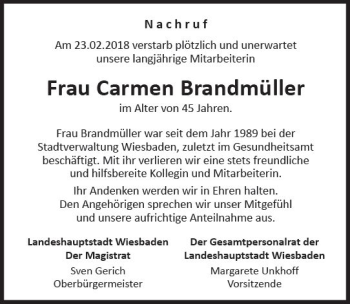 Traueranzeige von Carmen Brandmüller von Trauerportal Rhein Main Presse