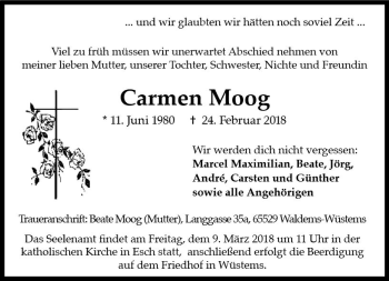 Traueranzeige von Carmen Moog von  Camberger Anzeiger