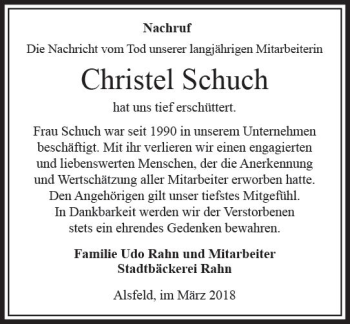 Traueranzeige von Christel Schuch von VRM Trauer