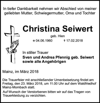 Traueranzeige von Christina Seiwert von Trauerportal Rhein Main Presse