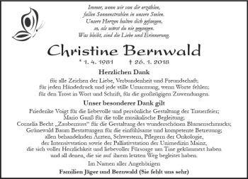 Traueranzeige von Christine Bernwald von Trauerportal Rhein Main Presse