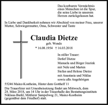 Traueranzeige von Claudia Dietze von Trauerportal Rhein Main Presse