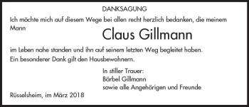 Traueranzeige von Claus Gillmann von Trauerportal Rhein Main Presse