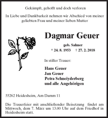 Traueranzeige von Dagmar Geuer von Trauerportal Rhein Main Presse