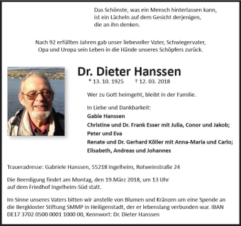 Traueranzeige von Dieter Hanssen von Trauerportal Rhein Main Presse