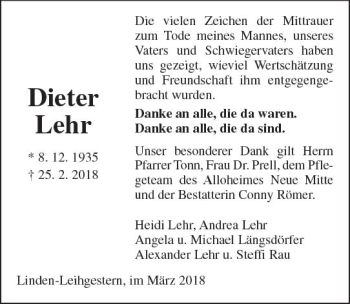 Traueranzeige von Dieter Lehr von  Gießener Anzeiger
