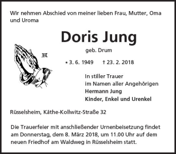 Traueranzeige von Doris Jung von Trauerportal Rhein Main Presse