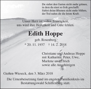 Traueranzeige von Edith Hoppe von  Gießener Anzeiger