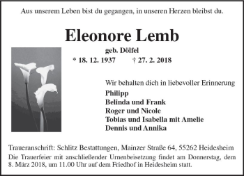 Traueranzeige von Eleonore Lemb von Trauerportal Rhein Main Presse