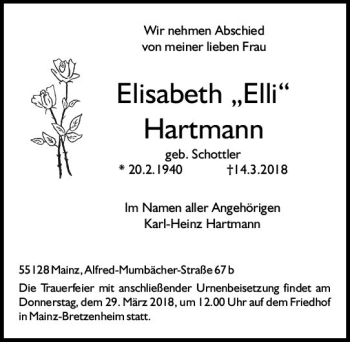 Traueranzeige von Elisabeth Hartmann von Trauerportal Rhein Main Presse