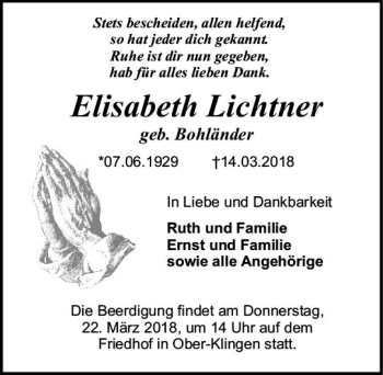 Traueranzeige von Elisabeth Lichtner von Trauerportal Rhein Main Presse