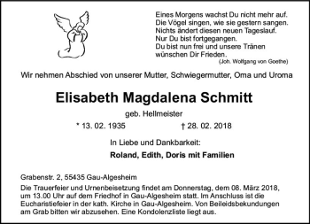 Traueranzeige von Elisabeth Schmitt von Trauerportal Rhein Main Presse