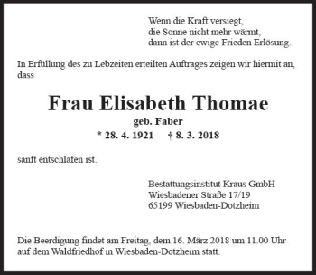 Traueranzeige von Elisabeth Thomae von Trauerportal Rhein Main Presse