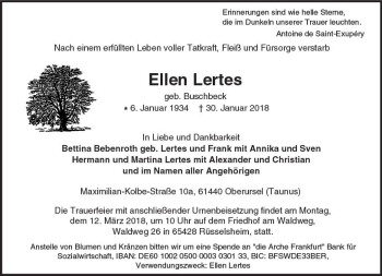 Traueranzeige von Ellen Lertes von Trauerportal Rhein Main Presse