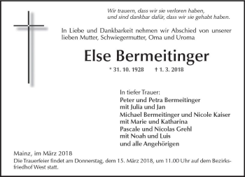 Traueranzeige von Else Bermeitinger von Trauerportal Rhein Main Presse