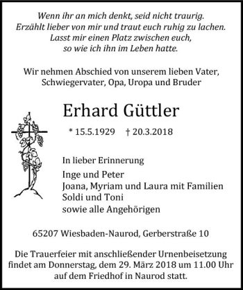 Traueranzeige von Erhard Güttler von Trauerportal Rhein Main Presse