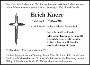 Traueranzeige von Erich Knerr von Trauerportal Rhein Main Presse