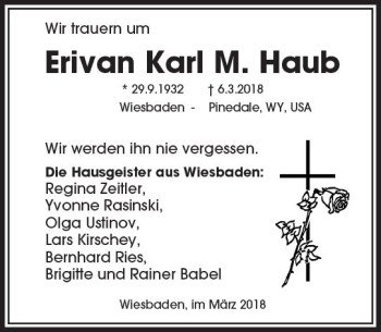 Traueranzeige von Erivan Karl M. Haub von Trauerportal Rhein Main Presse