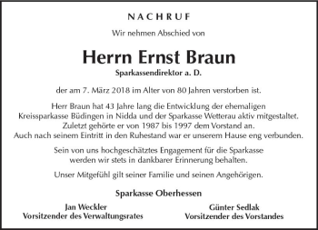 Traueranzeige von Ernst Braun von  Kreisanzeiger