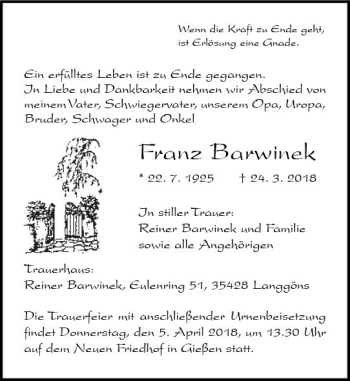 Traueranzeige von Franz Barwinek von  Gießener Anzeiger