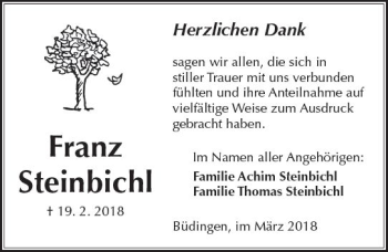 Traueranzeige von Franz Steinbichl von  Kreisanzeiger
