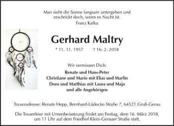 Traueranzeige von Gerhard Maltry von Trauerportal Rhein Main Presse