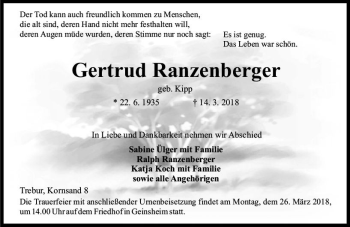 Traueranzeige von Gertrud Ranzenberger von Trauerportal Rhein Main Presse