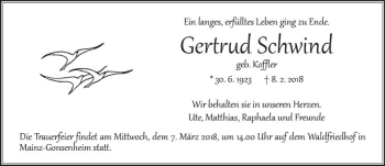 Traueranzeige von Gertrud Schwind von Trauerportal Rhein Main Presse