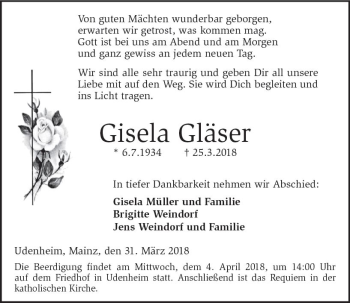 Traueranzeige von Gisela Gläser von Trauerportal Rhein Main Presse