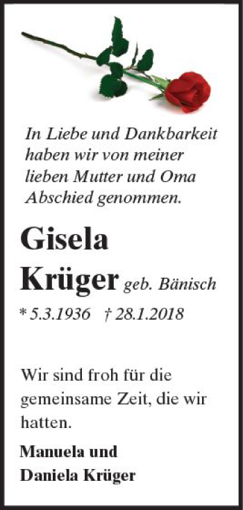 Traueranzeige von Gisela Krüger von Trauerportal Rhein Main Presse