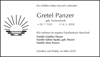 Traueranzeige von Gretel Panzer von  Kreisanzeiger