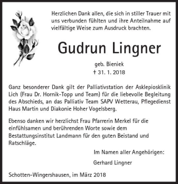 Traueranzeige von Gudrun Lingner von  Kreisanzeiger