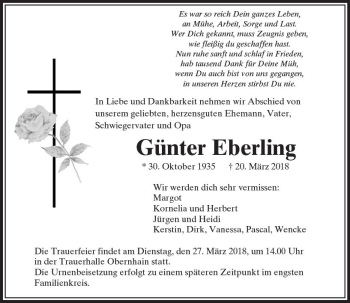 Traueranzeige von Günter Eberling von  Usinger Anzeiger