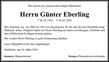 Traueranzeige von Günter Eberling von  Usinger Anzeiger