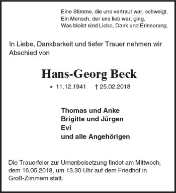 Traueranzeige von Hans-Georg Beck von Trauerportal Rhein Main Presse