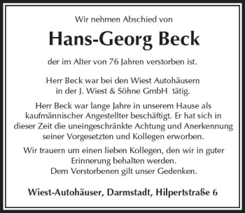 Traueranzeige von Hans-Georg Beck von Trauerportal Rhein Main Presse